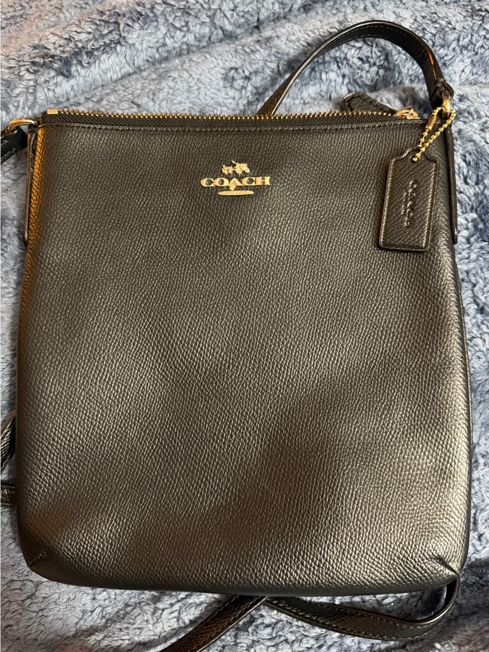 COACH Black Pebbled Leather Messenger Crossbody with Gold Logo